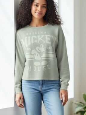 Disney Mickey Mouse Sage Green Crop Sweatshirt Small
